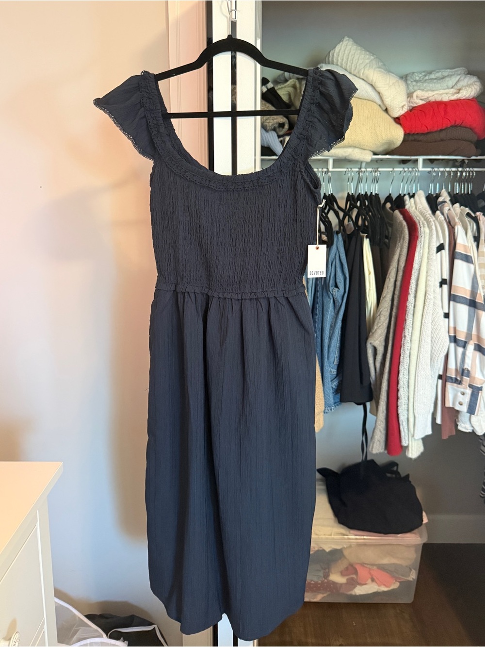 Smocked Midi Dress with Ruffle Cap Sleeves in Navy